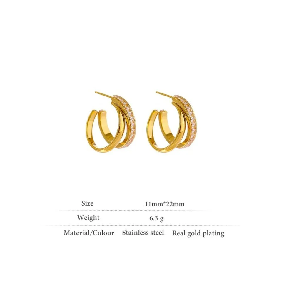 New 18K Gold Plated Princess Cut Diamond Double Layer Round Hoop Earrings